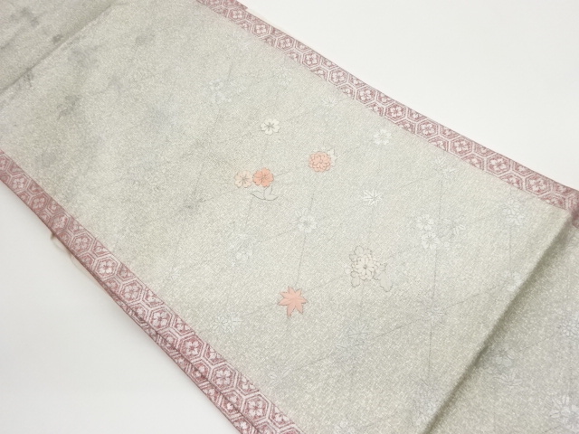 銀彩花々に襷模様刺繍名古屋帯